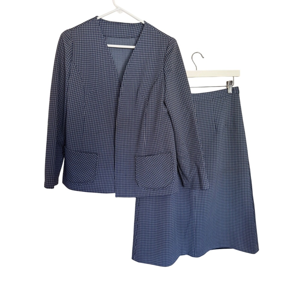 Vintage Handmade Women's Blue Plaid Blazer Jacket and Skirt Suit Set Classy